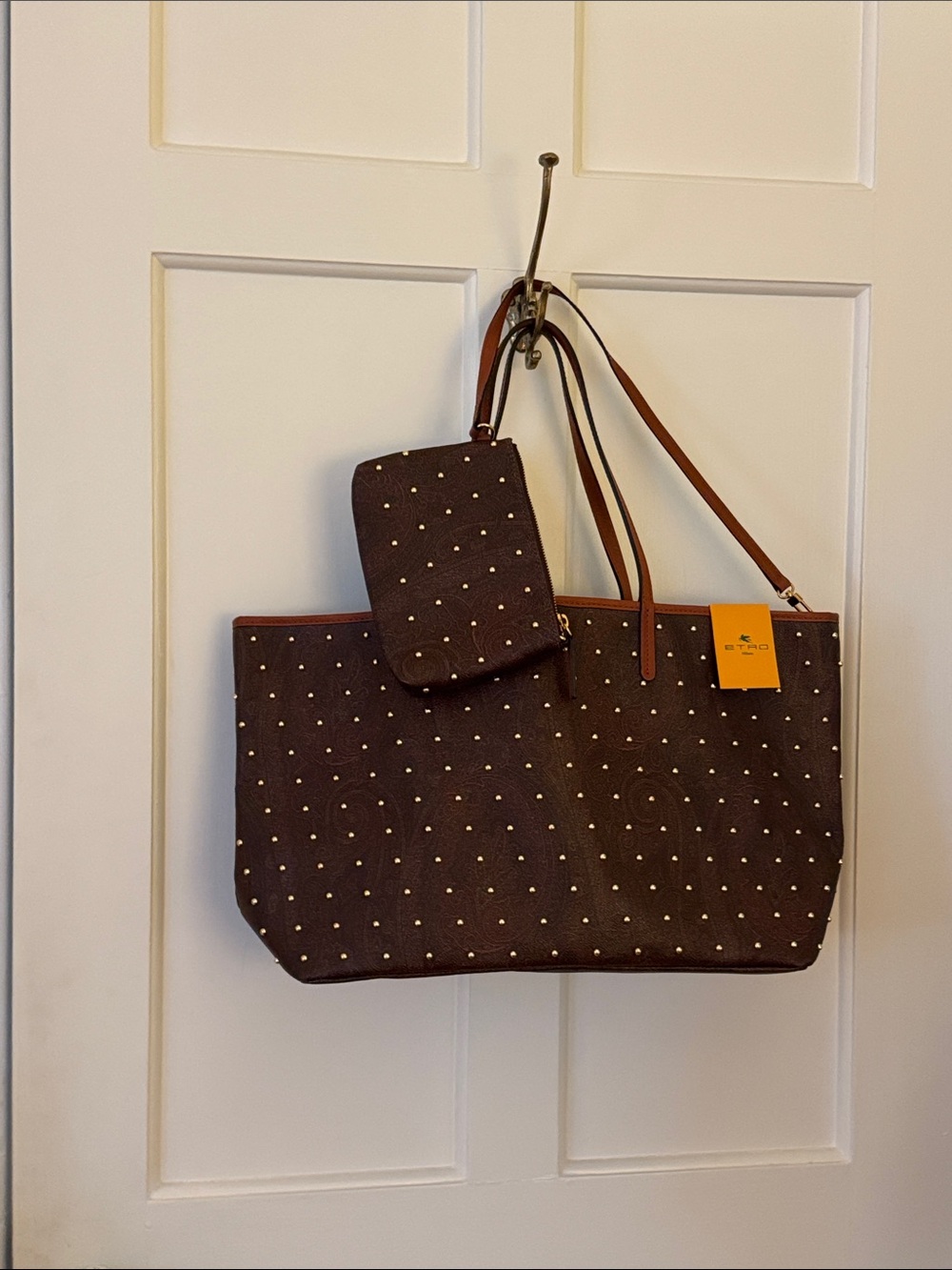 Etro Brown rare Studded Canvas Tote with Pouch